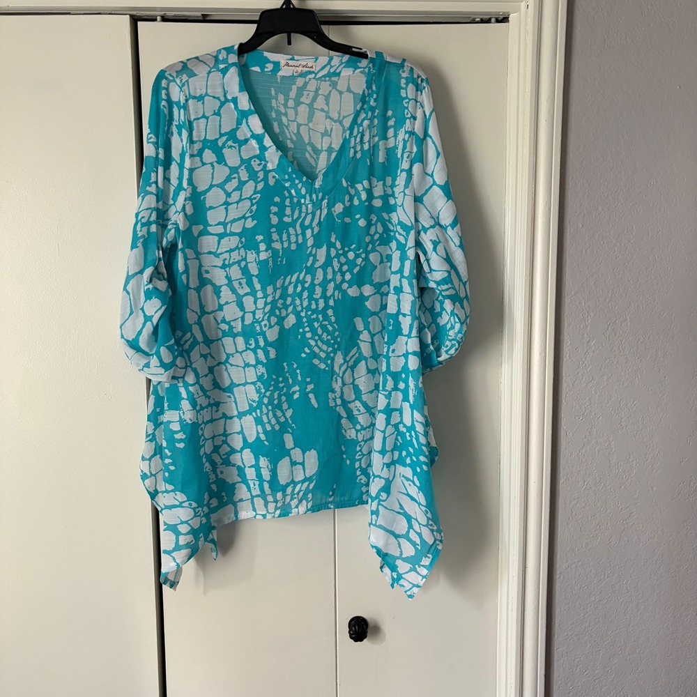 Pleasant Shade Womens Turquoise White Abstract Print Sharkbite Tunic Top Large